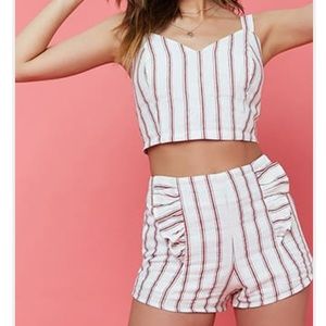Red and white striped crop top and shorts set